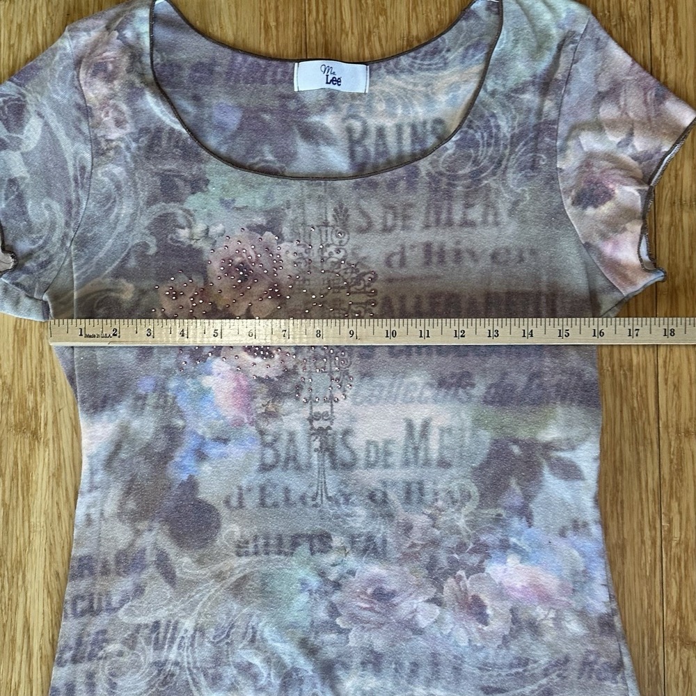 VTG Y2K Lee Cap Sleeve Women's Fairycore Cottagecore Rhinestone Floral Top SZ L - Picture 5 of 6